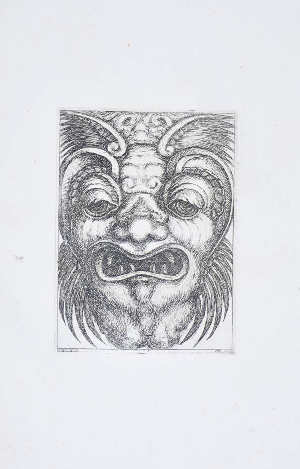 Rare. Strong impressions of etchings of grotesque masks, after original designs by the Italian (Roman) artist and engraver Aloisio Giovannoli.