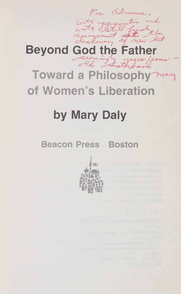 Inscribed first edition of a radical feminist work on a universal human transcendence via a reappraisal of the patriarchally imposed syntax & ontology.