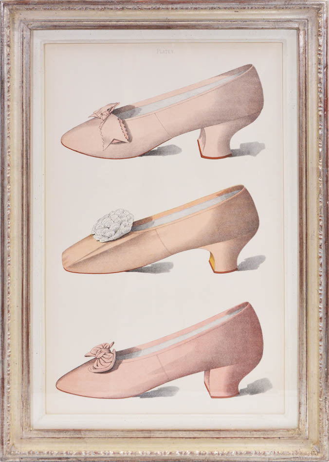ladies' shoes illustrated that have all belonged to and been worn by ladies of the 19th century. Each page has nearly life sized shoe.<br />