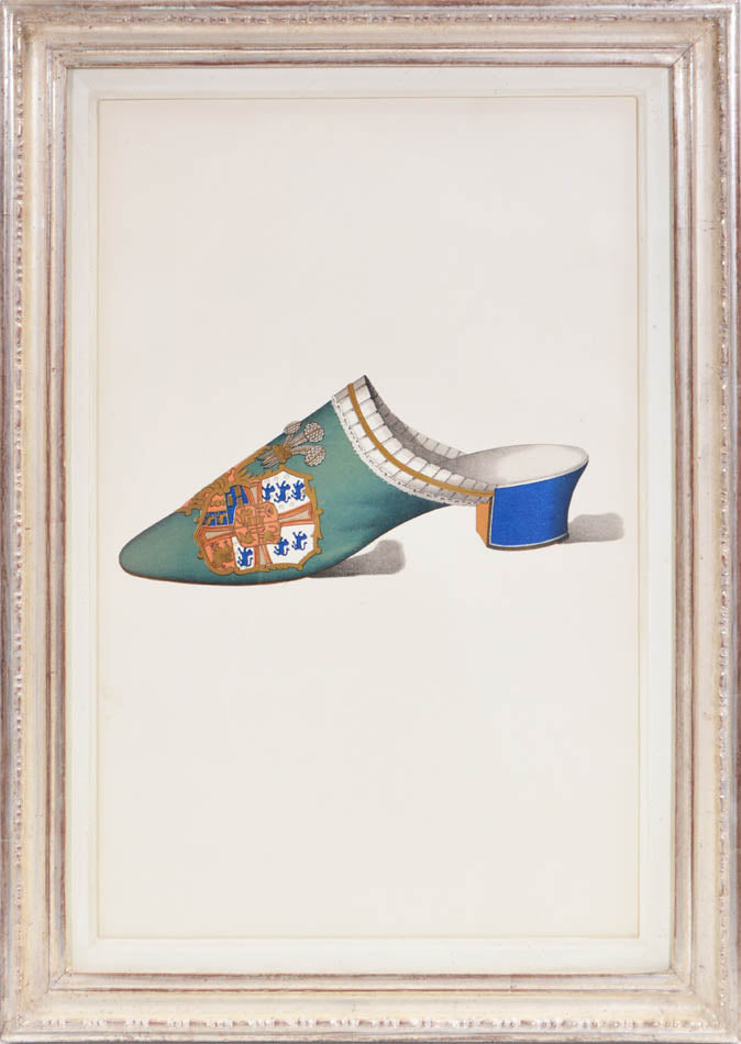 Ladies`shoes belonged to and be worn by ladies of the 19th century. nearly life-sized shoes, chromolithographed illustration.