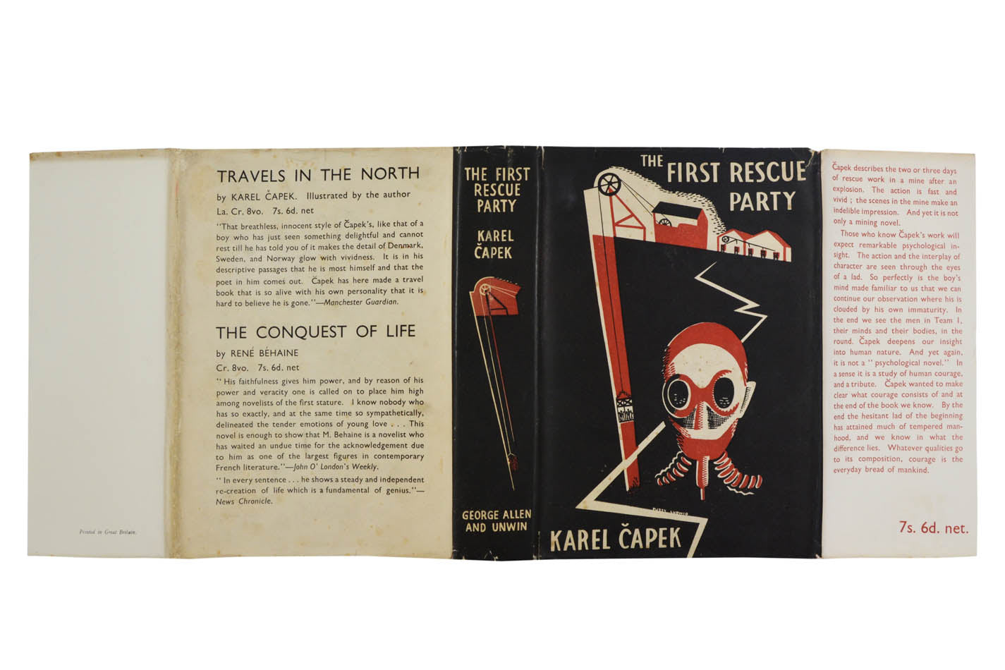 A superb copy of Capek's First Rescue Party, in a glorious dust-jacket. A novel about a mine rescue from the author of RUR and War of the Newts.