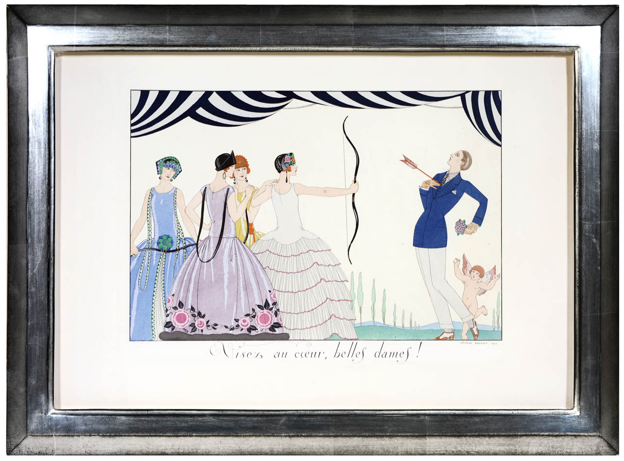 Group of six lithographs hand-coloured in pochoir from George Barbier's Le Bonheur du Jour, published in Paris in 1924.