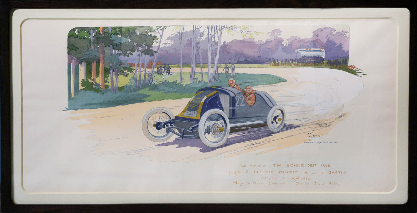 Hand-coloured pochoir print documenting the early history of transportation, by Ernest Montaut and his wife Marguerite who used the name Gamy.