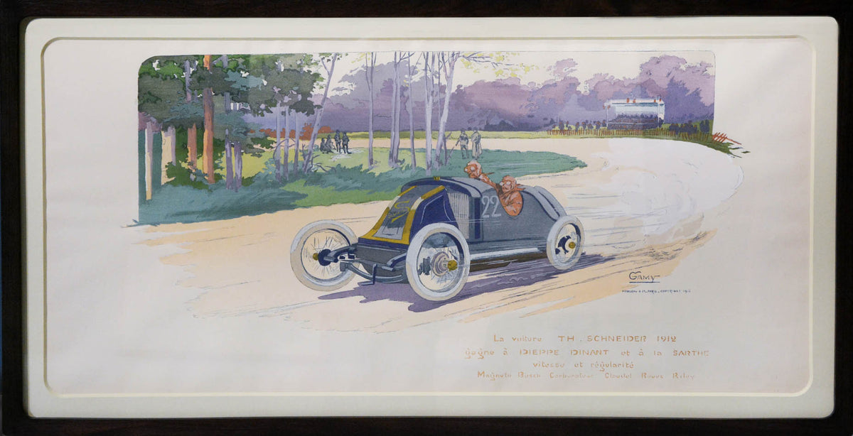 Hand-coloured pochoir print documenting the early history of transportation, by Ernest Montaut and his wife Marguerite who used the name Gamy.