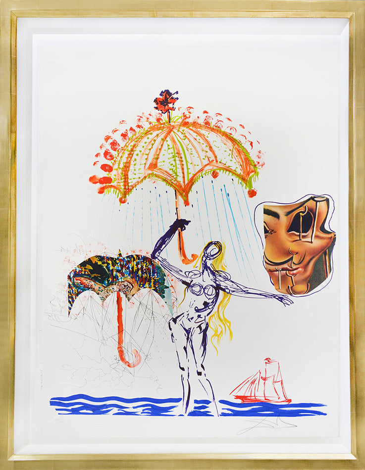 Anti-Umbrella with Atomized Liquid by Salvador Dali is a colour lithograph with screenprint and etching.