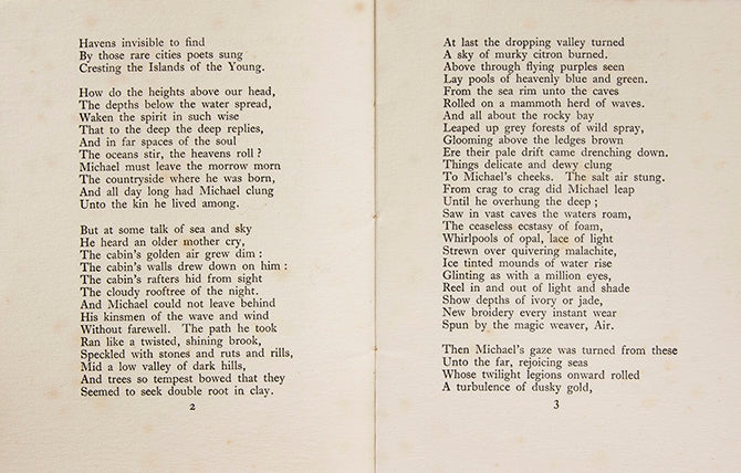One of 25 copies of George Russell's Michael, printed in Dublin in 1919, this copy inscribed by the author on the first page.