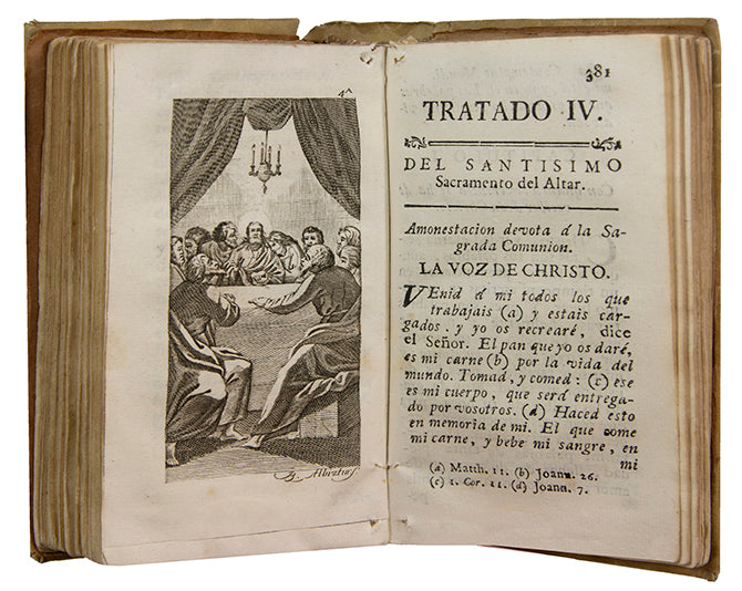 A neat Spanish-language pocket edition of Thomas à Kempis' famous devotional work, embellished with four fine copper engravings.