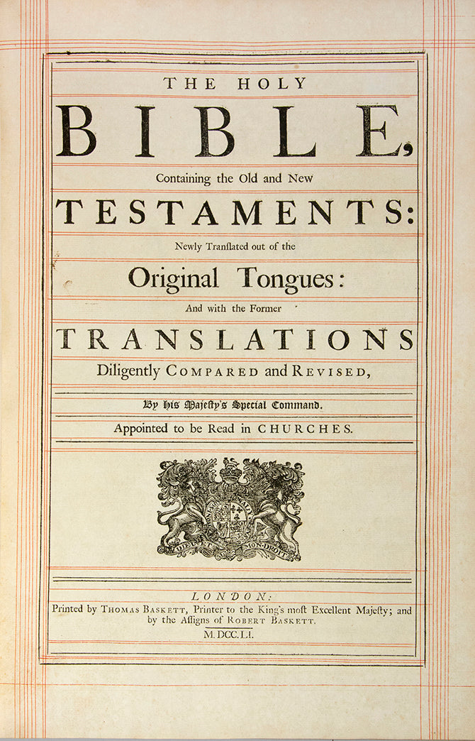 A fine copy of Thomas Baskett's 1751 edition of the Holy Bible, from the library of the second Duke of Newcastle.