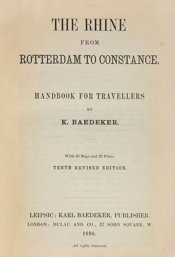 Tenth edition of Baedeker's Rhine from Rotterdam to Constance, with endpapers dated "May 1888."
