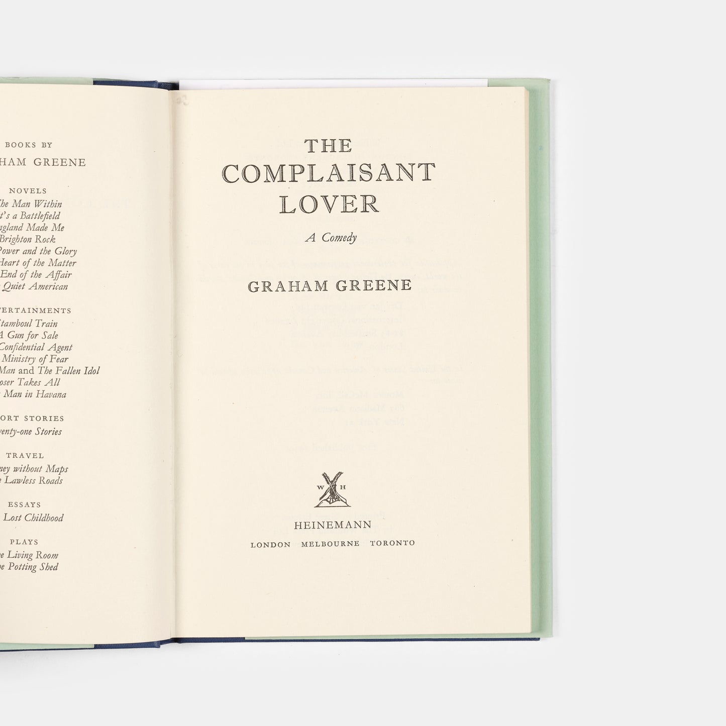 Signed presentation copy of the first edition of Graham Greene's Complaisant Lover published in London in 1959.
