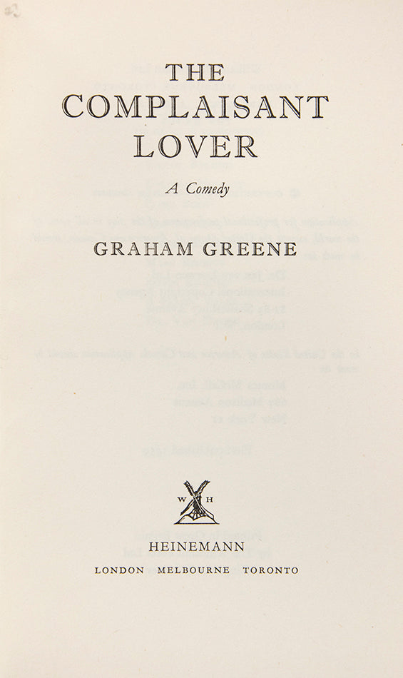 Signed presentation copy of the first edition of Graham Greene's Complaisant Lover published in London in 1959.