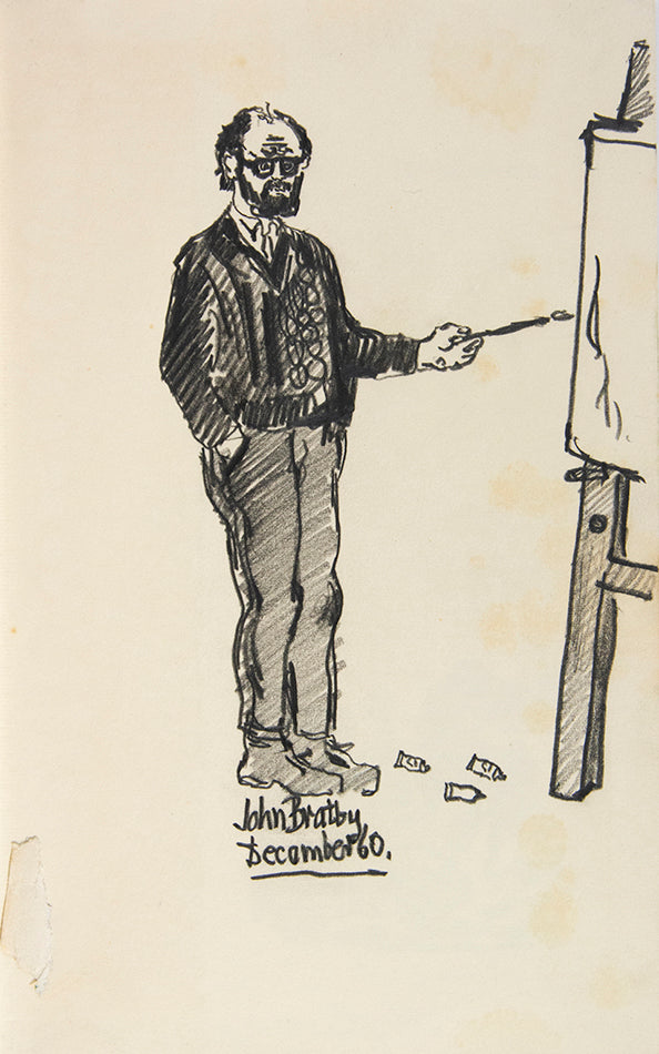 Signed and dated (1960) by John Bratby beneath a fabulous, full-page, pencil self portrait, on the front free endpaper.