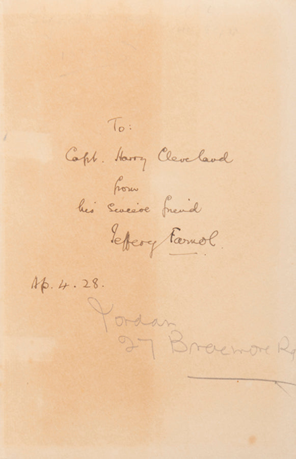 A first edition of Epics of the Fancy by Jeffrey Farnol, inscribed by the author to Capt Harry Cleveland.