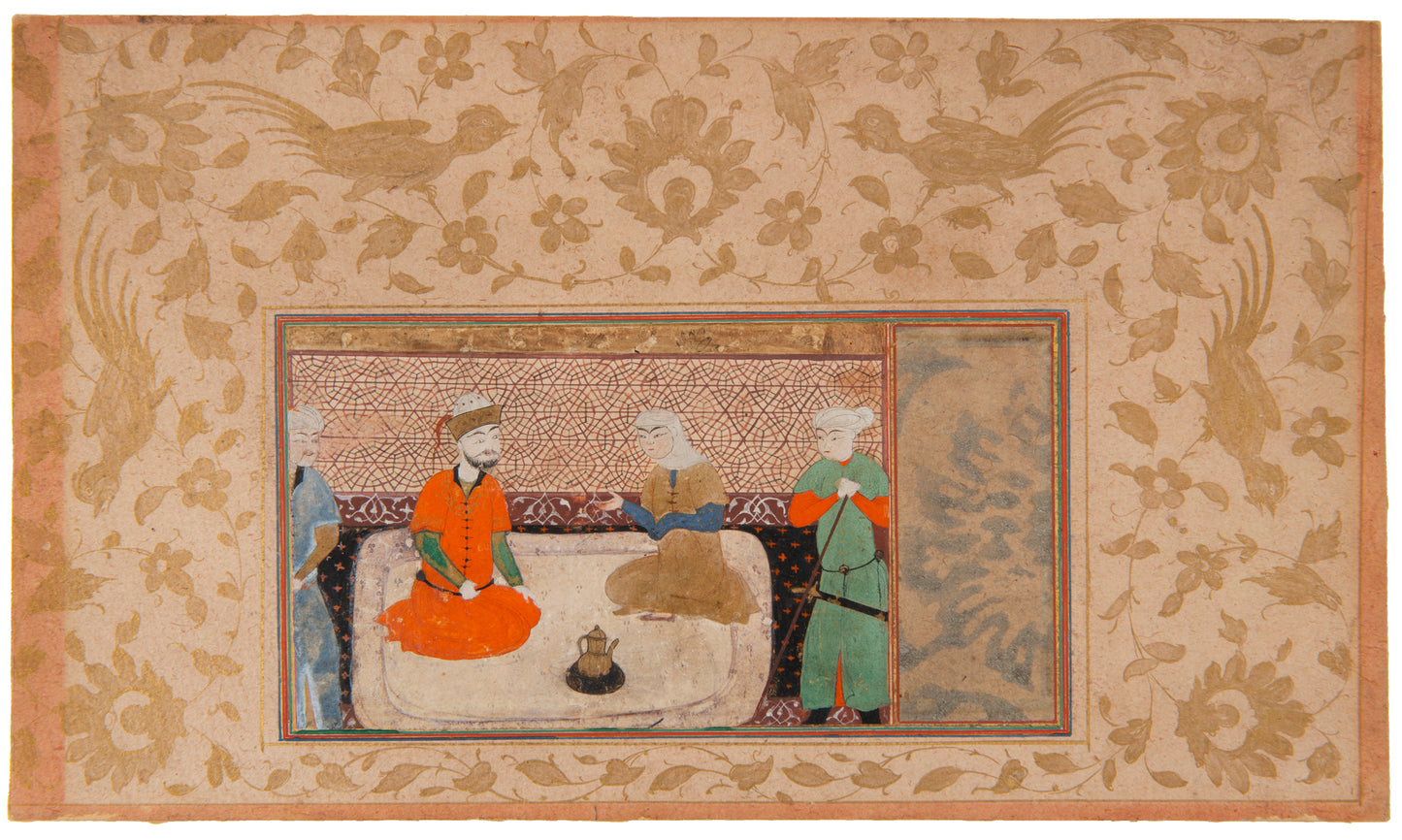 Prince and Maiden seated with armed attendants in waiting,
