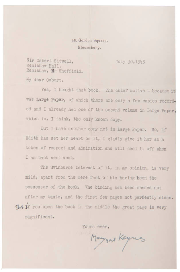 Typed letter signed by Maynard Keynes to Sir Osbert Sitwell, dated 30th July 1943.