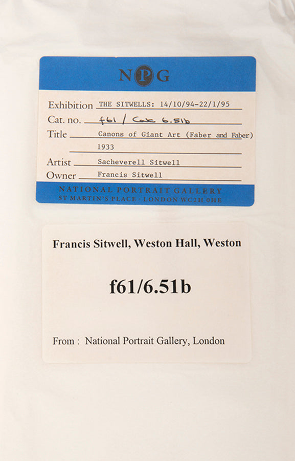 First edition of Canons of Giant Art by Sacheverell Sitwell, inscribed by the author to the poet Edmund Blunden.