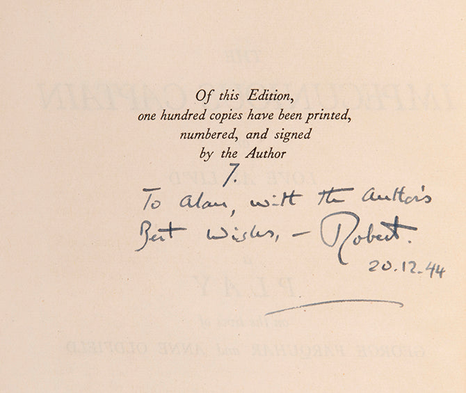 First edition of The Impecunious Captain by Robert Herring, inscribed by the author to the poet Alan Rook.