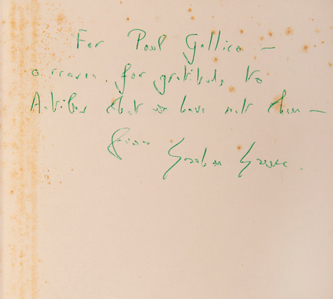 A first impression of the first English edition of Graham Greene's 'A Burnt-out Case' inscribed to the author Paul Gallico.