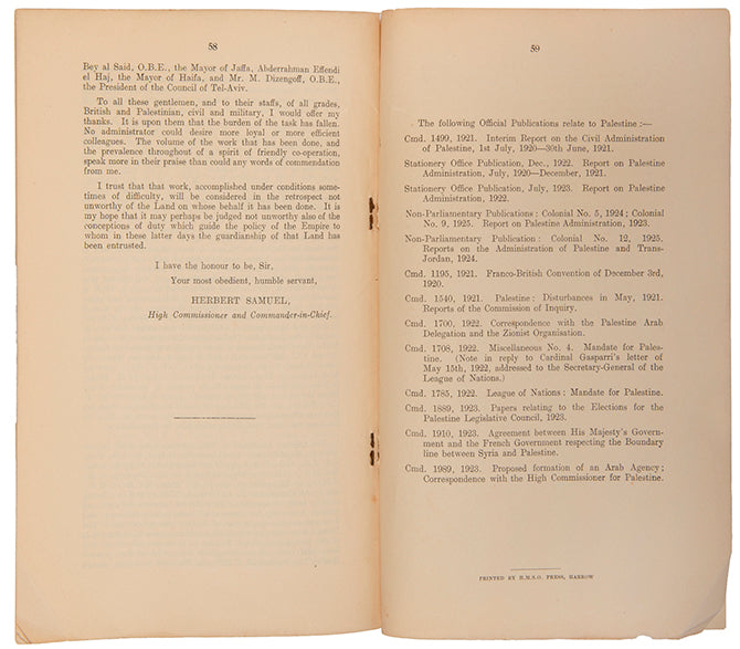 Report to the Secretary of State for the Colonies by Herbert Samuel, The High Commissioner of Palestine at the time.