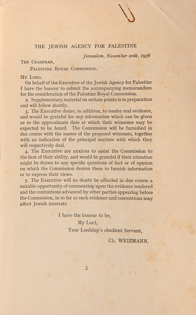 Memorandum submitted to the Peel Commission by the Jewish Agency for Palestine, with Introductory Note by Dr. Chaim Weizmann.