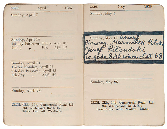 Pocket journal for the Jewish calendar year of 5695, including Jewish holidays, published in London.