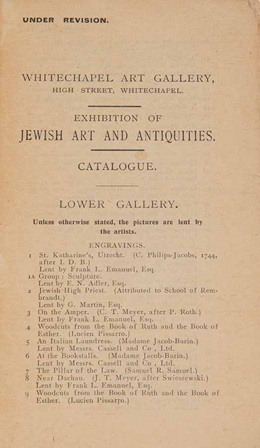 Scarce catalogue of the Exhibition of Jewish Art and Antiques, 7.11-16.12.1906.