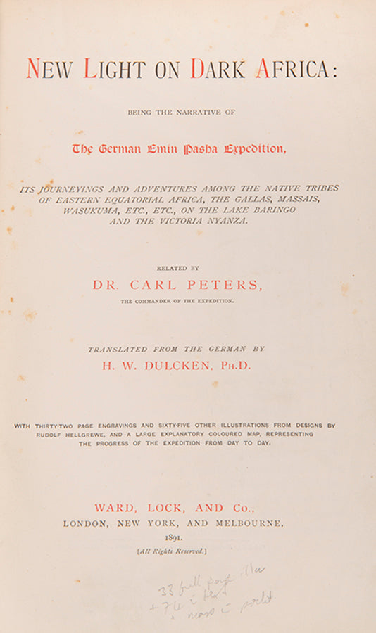 A German counterpart to Stanley's In Darkest Africa, this represents Peter's journey to find Emin Pasha on the Upper Nile