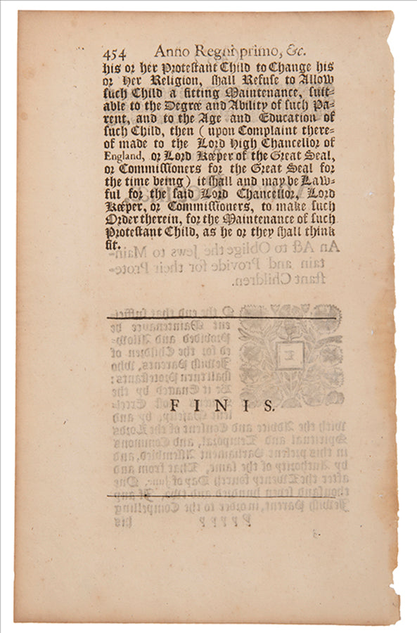 An act of Parliament obliging Jewish parents to maintain and provide for any children they have which convert to Protestantism