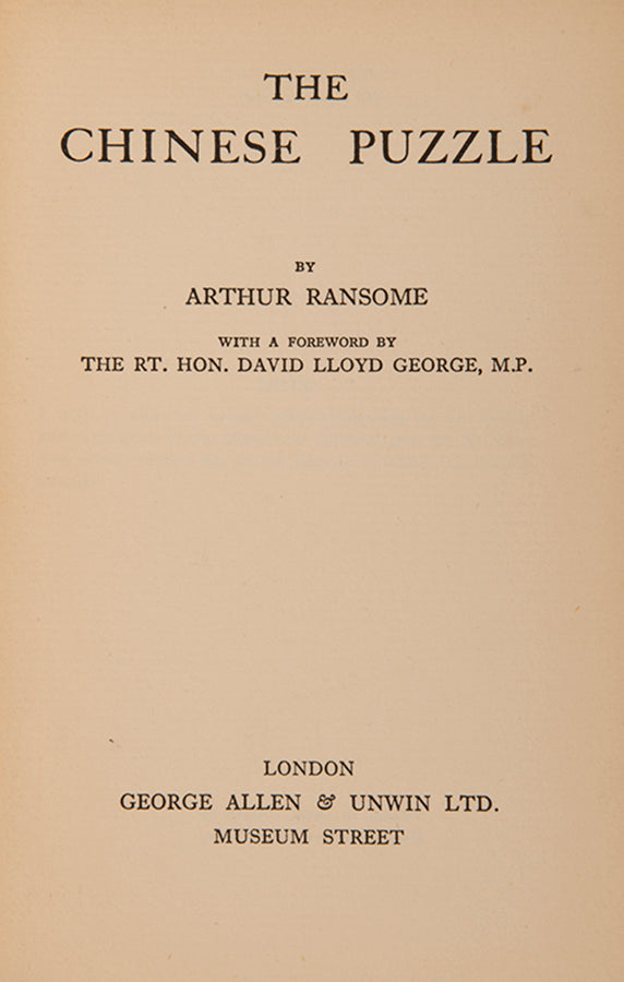 Presentation copy of The Chinese Puzzle by Arthur Ransome, inscribed by the author to his friend, the poet and critic Lascelles Abercrombie.