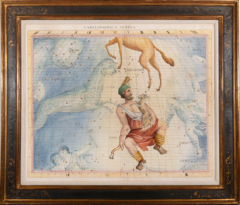 Hand-coloured star chart of Camelopardal & Auriga, engraved by John Mynde, from Flamsteed's Atlas Coelestis.