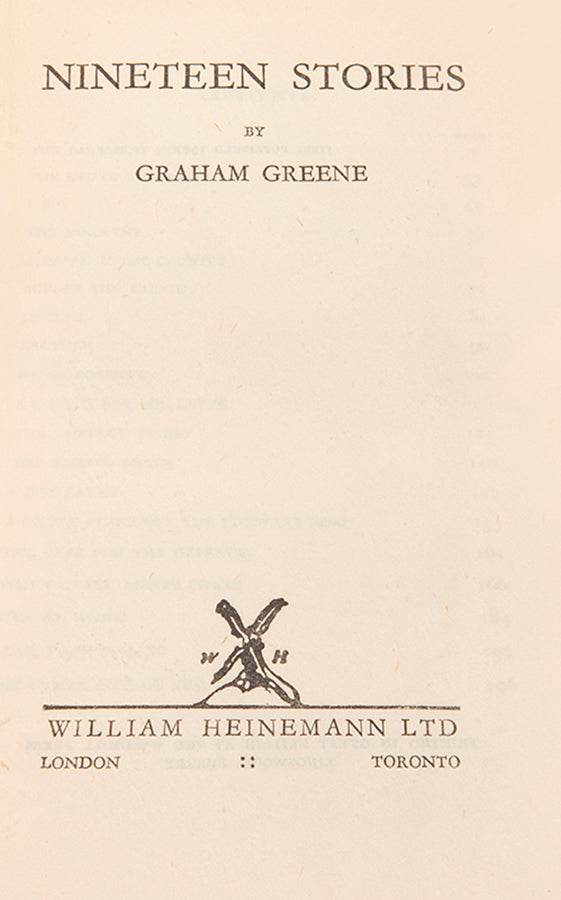 First edition of Nineteen Stories by Graham Greene in the unclipped dustjacket. A post-war collection of stories, uncommon in the dustjacket.