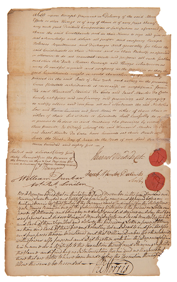 A power of attorney appointing New York based merchants to handle the business affairs of the Mendes da Costa family in America, 1785, signed