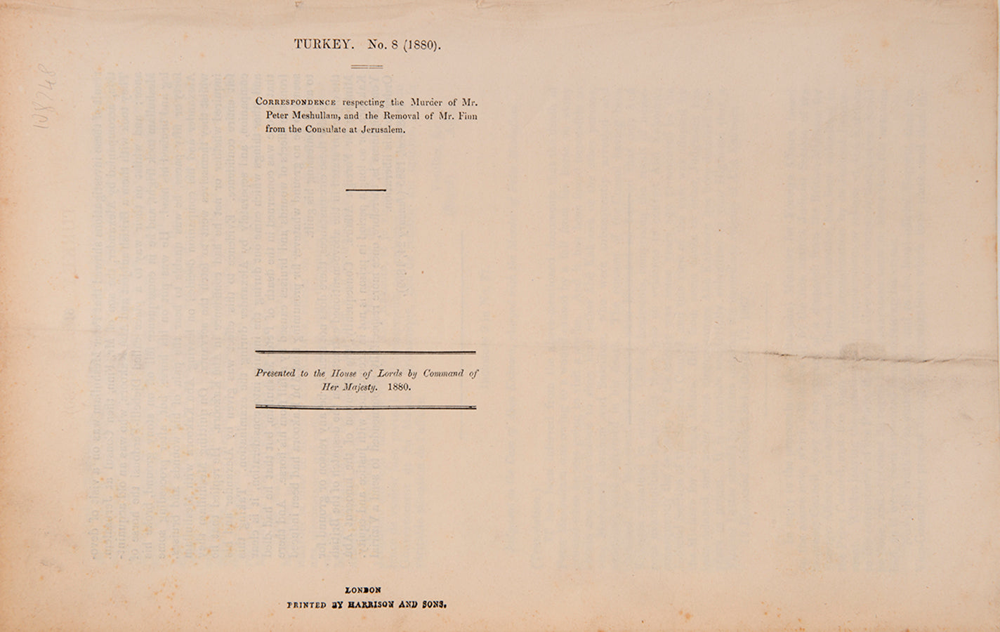 A House of Lords reporting on the dismissal of James Fisher as British Consul to Jerusalem, and the murder of Peter Meshullam, Cancellier to the consulate.