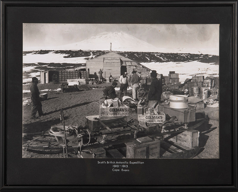 Classic photograph from Captain Scott's Terra Nova expedition (1910-1913) by Herbert Ponting, showing the hut at Cape Evans.