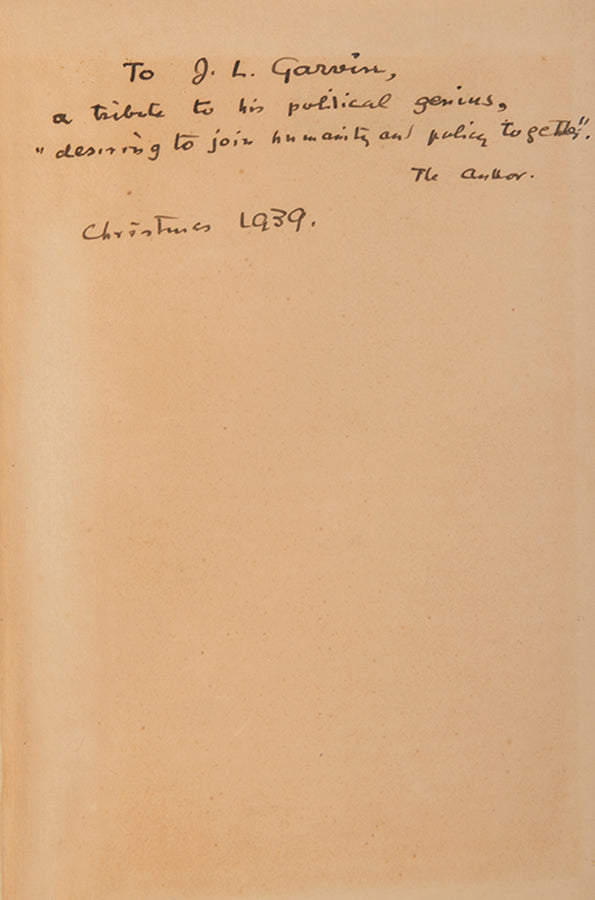 A presentation copy of Moses Beer's Inquiry into Physiocracy, inscribed by the author to the British journalist J. L. Garvin.