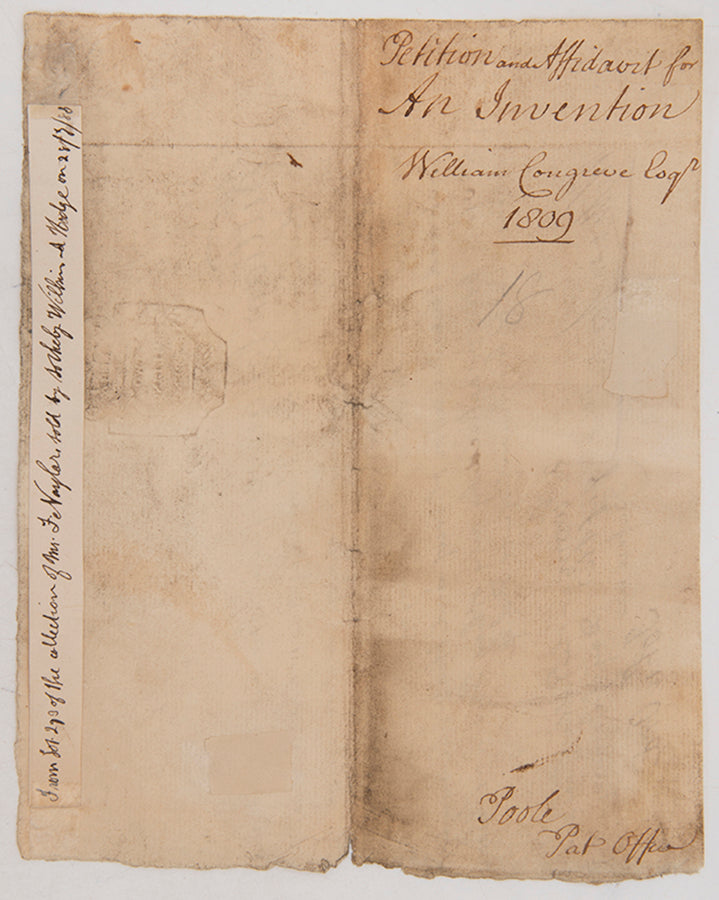 A signed and dated affidavit for a patent to secure buildings against fire designed by Sir William Congreve, comptroller of the Royal Arsenal