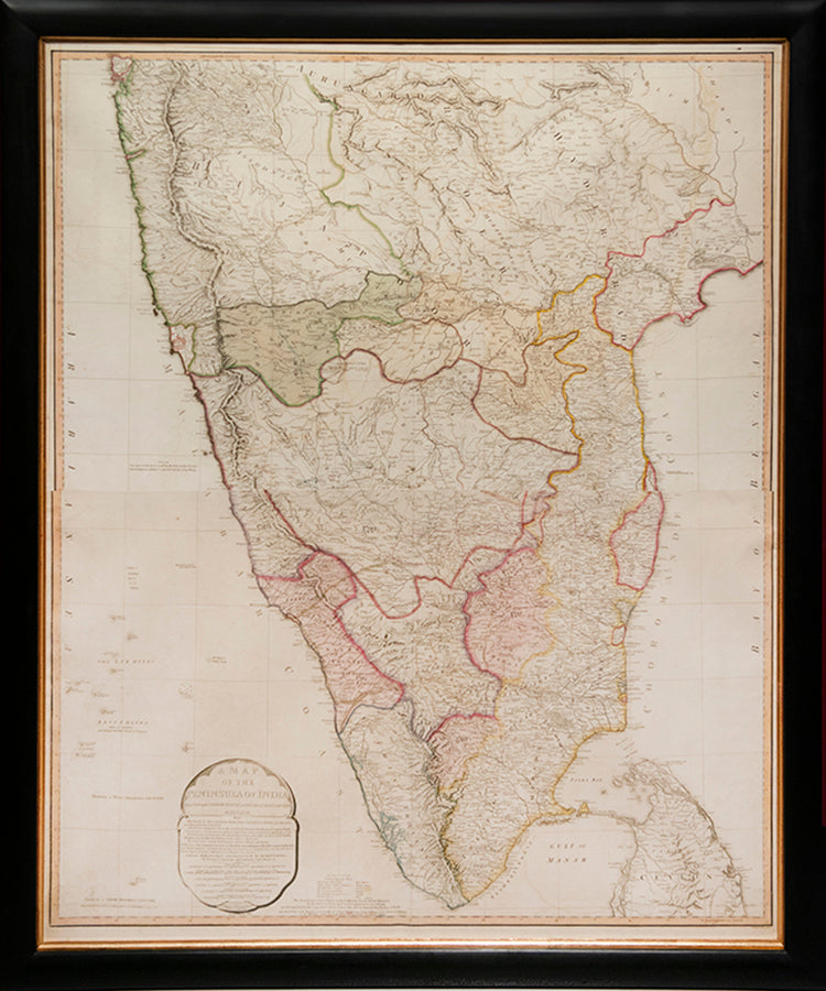 An interesting sectional map of southern India with hand-colouring showing the scope of British control in the region, engraved by William Faden.