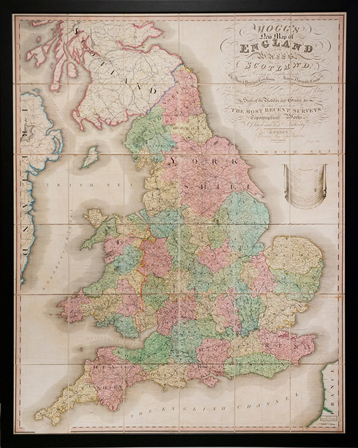 A richly hand coloured map of England and Wales showing the navigable canals, mail road routes and railway network at the dawn of the age of steam.