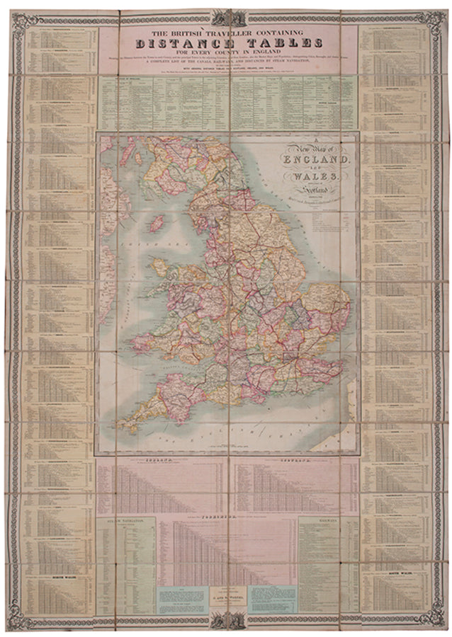 A compresive distances map of England and Wales for the British traveller at the beginning of the Victorian age, with hand colouring.