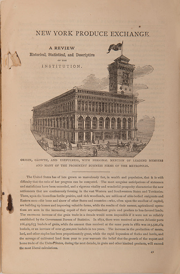 The first edition of Richard Edwards' review of the New York Produce Exchange, containing a history of the market and an informative index of its members.
