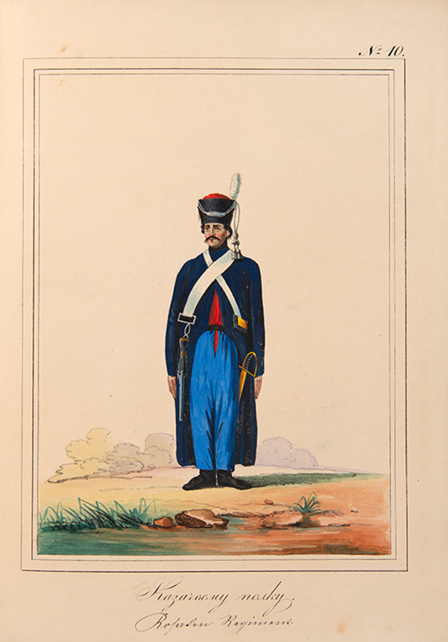 Remarkably fine series of hand-coloured prints of military costumes after Paul I in an exceptional conteemporary Russian binding.