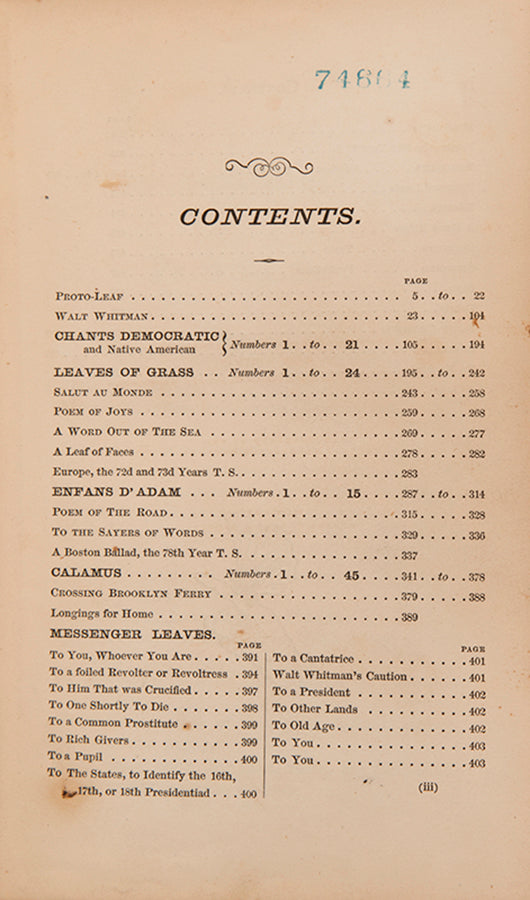 The scarce first trade edition, third edition, first issue overall, of Walt Whitman's seminal collection of poems, Leaves of Grass.