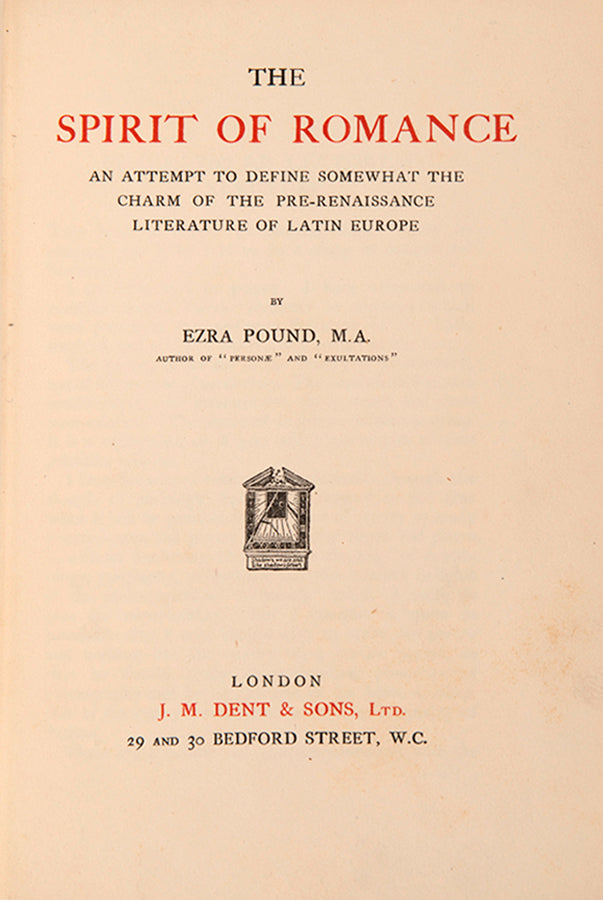First edition of The Spirit of Romance by Ezra Pound, published in 1910.