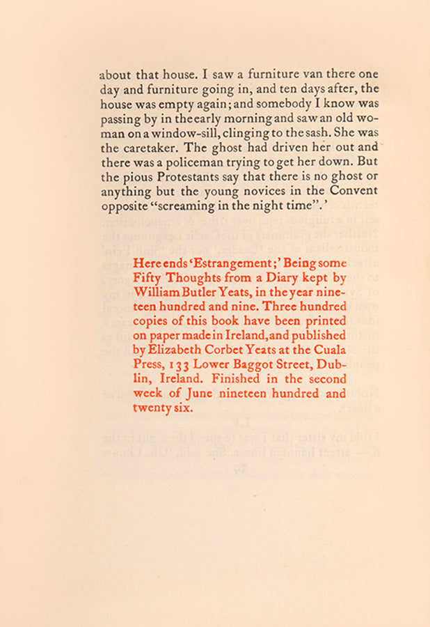 First edition of Estrangement by W.B. Yeats, one of 300 copies printed at the Cuala Press.