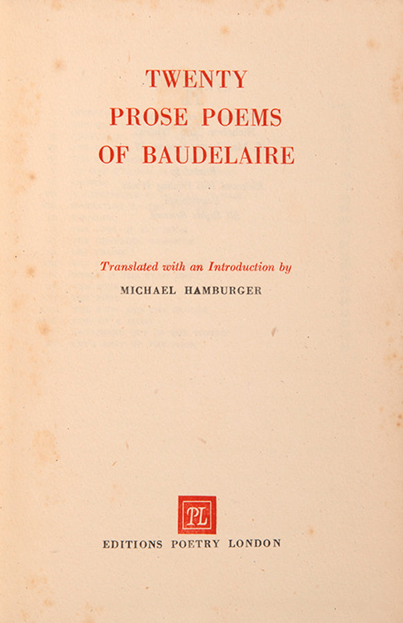 First edition of Twenty Prose Poems by Charles Baudelaire, translated by Michael Hamburger.