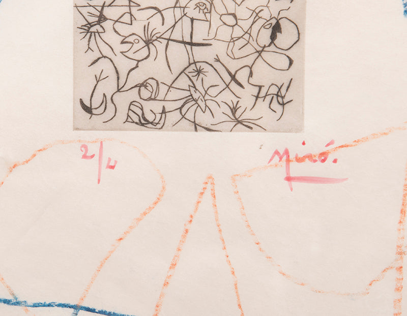 Joan Miro, Stars and Dancers, 1938, etching with hand-colouring, signed by the artist, on vellum