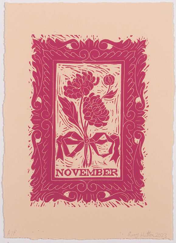 Rory Hutton, Months of the Year, Pink, 2023, complete set of twelve linocuts, signed by the artist, from the edition of 25, on wove paper