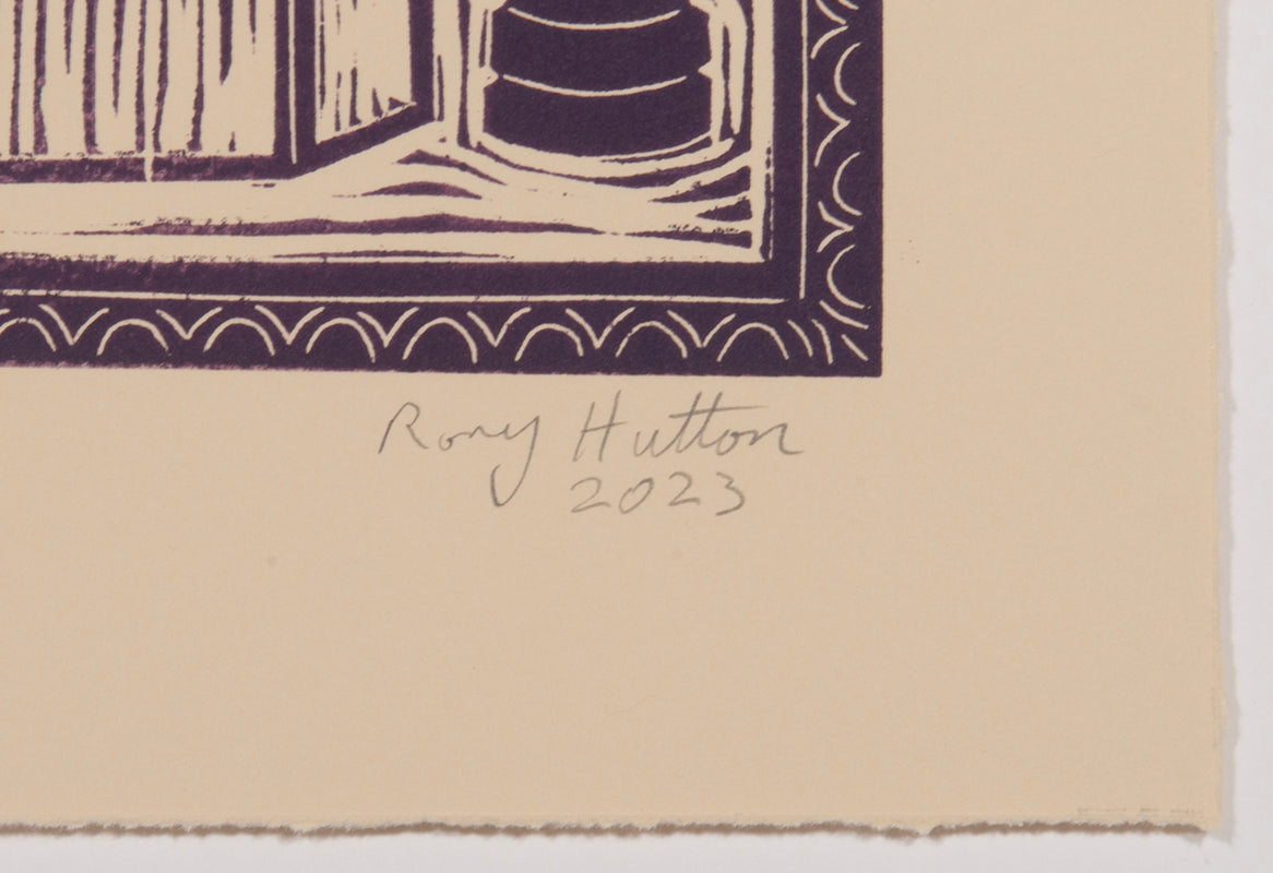 Rory Hutton, Potting Shed I Green Purple Ombre, 2023, linocut printed in colours, signed by the artist, from the edition of 15, on wove paper