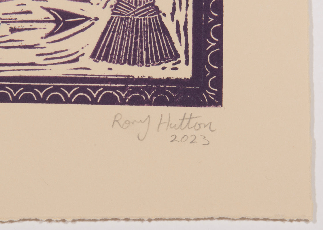 Rory Hutton, Potting Shed II Green Purple Ombre, 2023, linocut printed in colours, signed by the artist, from the edition of 15, on wove paper