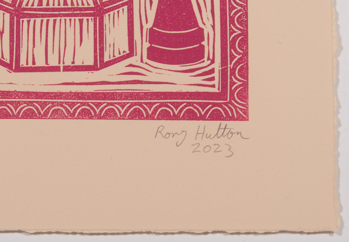 Rory Hutton, Potting Shed I Pink Purple Ombre, 2023, linocut printed in colours, signed by the artist, from the edition of 15, on wove paper
